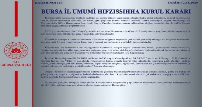 Bursa Valiliği'nden İl Hıfzıssıhha Kurulu kararı açıklaması